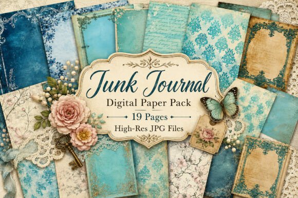 Download Vintage Blue Damask Junk Journal Paper - Junk journal Collection